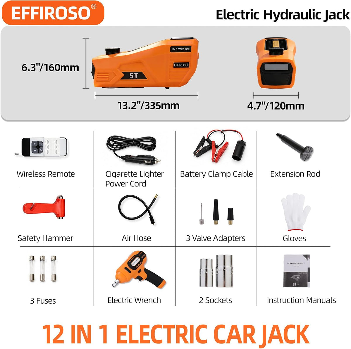 Electric Car Jack 5 Ton 12V Hydraulic Jack Kit with Impact Wrench & Tire Inflator Pump, Wireless Remote & Touch Screen, 3-Mode LED for SUV MPV Sedan Truck – Garage, Roadside, Tire Change