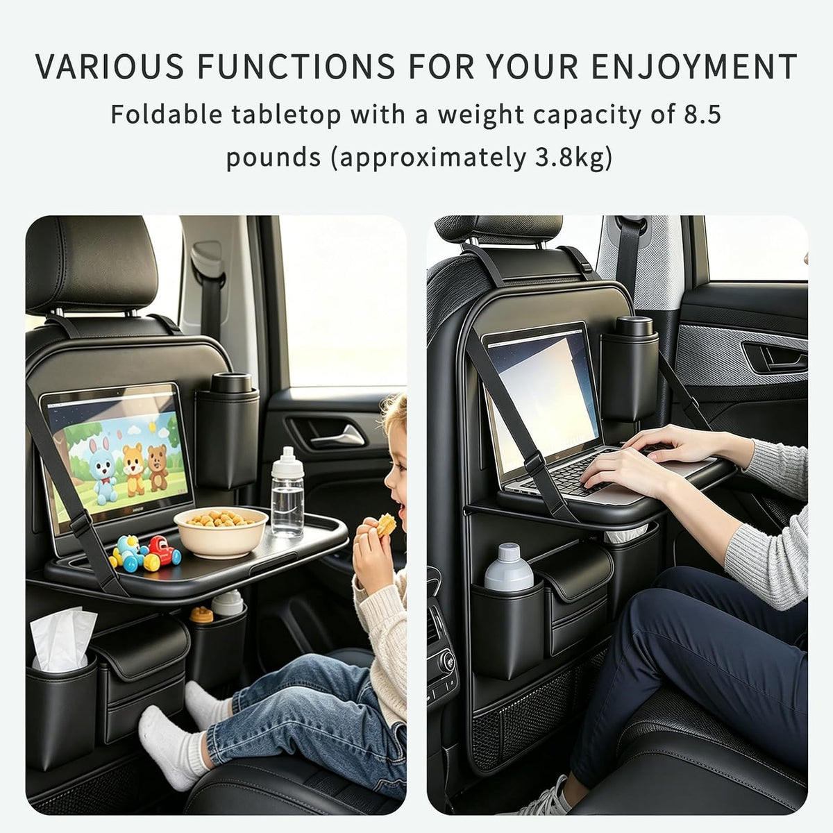 Car Backseat Organizer with Foldable Table Tray, Car Seat Protector, Black