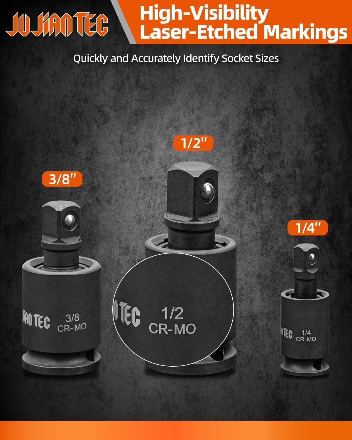 Impact Universal Joint-Socket Swivel Set, 3 piece, 1/2", 3/8", 1/4"Inch Drive Swivel Socket Extension Set, 360 Degree Rotation, Cr-Mo steel