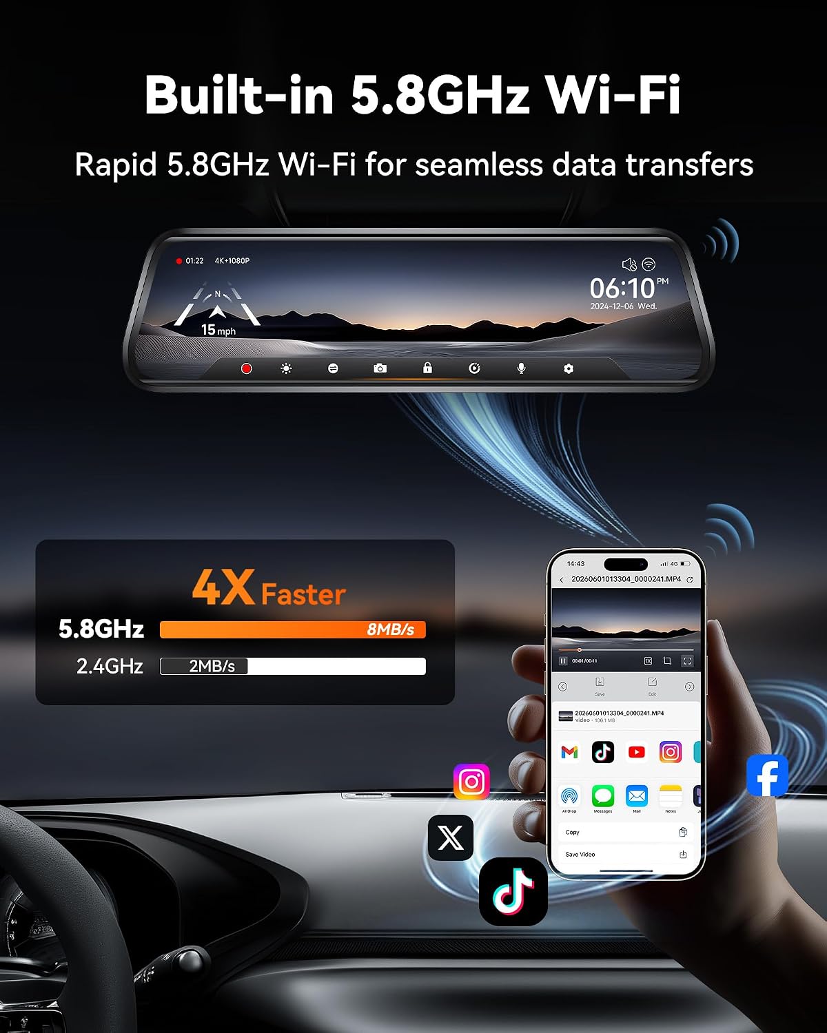 WOLFBOX G930 10'' Rear View Mirror Camera with 5.8GHz WiFi, 4K Dash Cam Front and Rear with WDR, Touch Screen Rearview Mirror Backup Camera, Parking Monitor, Reverse Assist, Includes 64GB Card & GPS
