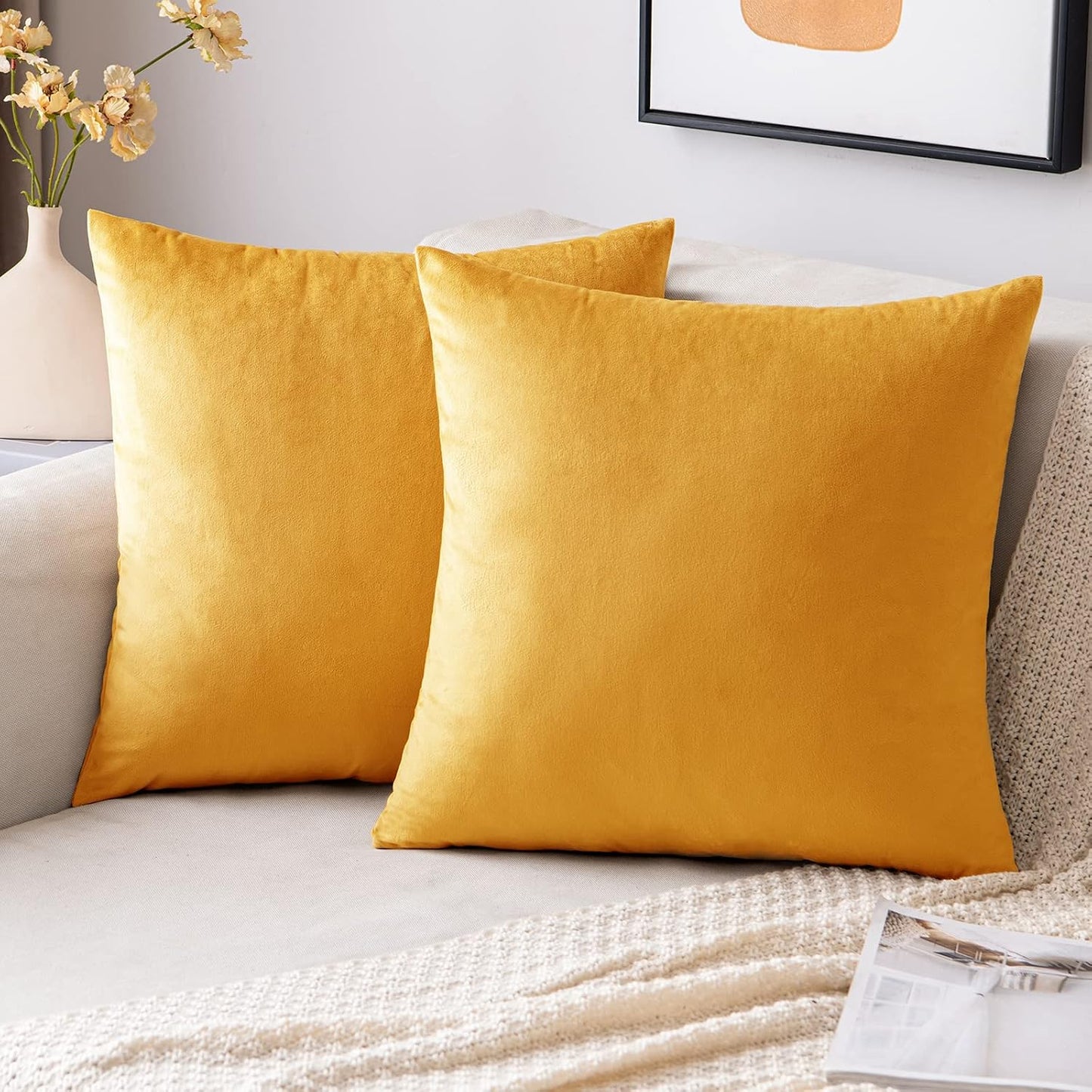 EMEMA Pack of 2 Velvet Pillow Covers Decorative Square Pillowcase Soft Solid Cushion Case for Sofa Bedroom Car 16x16 Inch Bright Pink