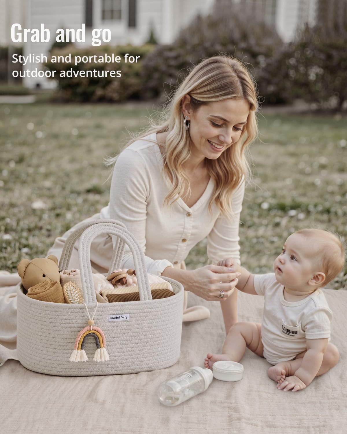 Blissful Diary Baby Diaper Caddy Organizer, Cotton Rope Diaper Caddy Basket, Oval Storage Basket, Gift for Baby Shower, Newborn Essentials, Beige
