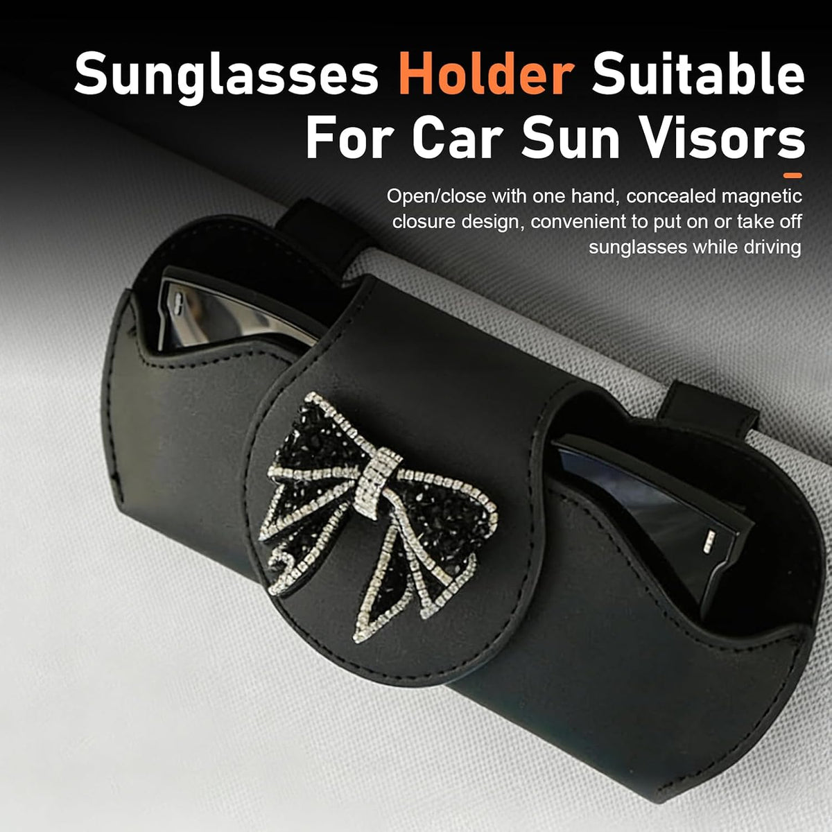 Car Sunglass Holder, Bow Sparkling Rhinestone Visor Sunglasses Holder Clip, Scratch-resistant Car Glasses Case, Universal Vehicle Interior Accessories (Black)