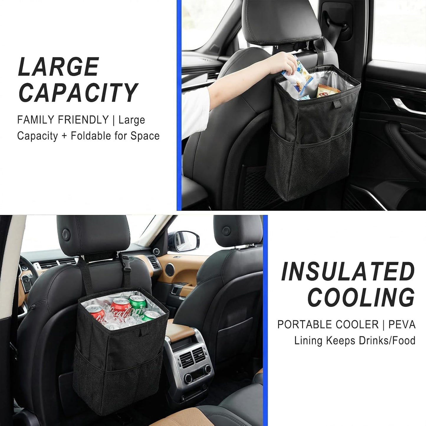 Waterproof Car Trash Bag with 50 Garbage Bag, 3.5 Gallon Hanging Leak-Proof Car Garbage Can for Back Seat with Storage Pockets, Foldable Hanging Trash Bin for Camping & Road Trips (Black)