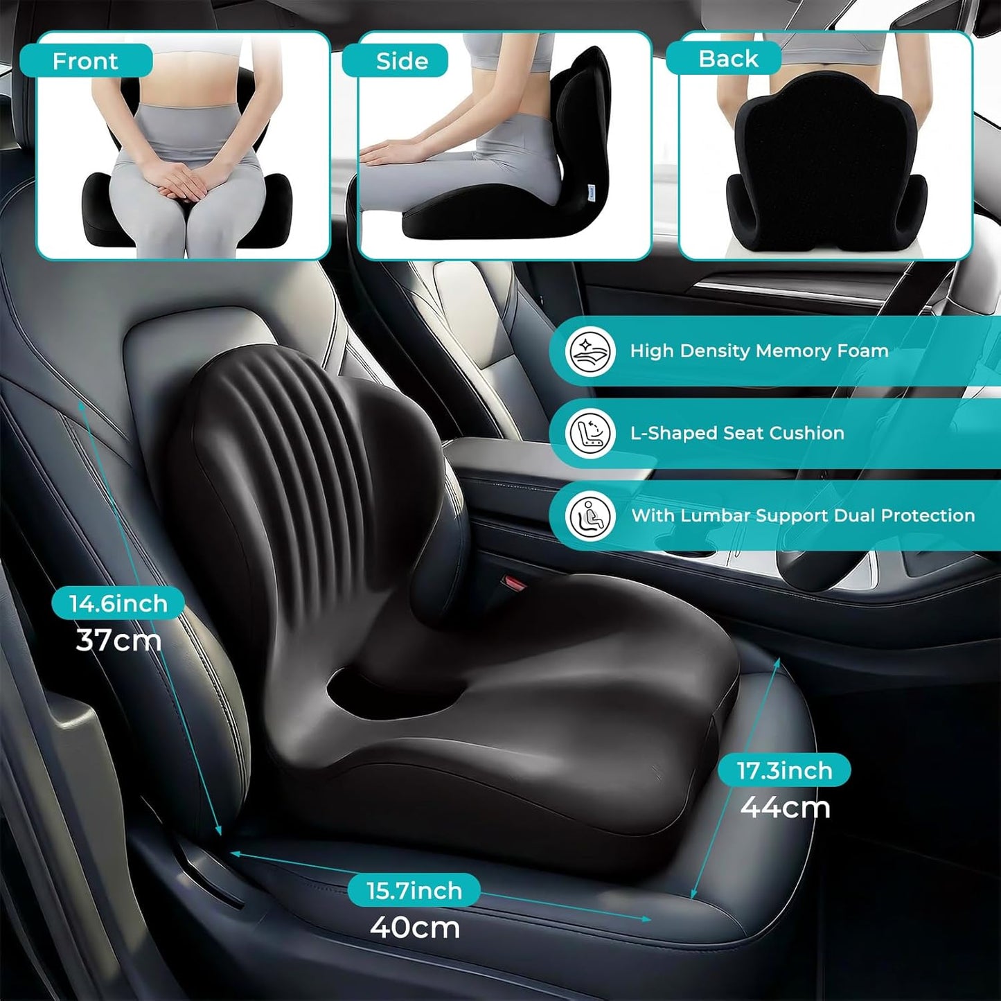 Memory Foam Seat Cushion with Lumbar Support Pillow for Truck Driver, Ergonomic L-Shaped Car Seat Cushion for Tailbone Pressure Relief, Non-Slip Chair Pad for Long Driving, Black
