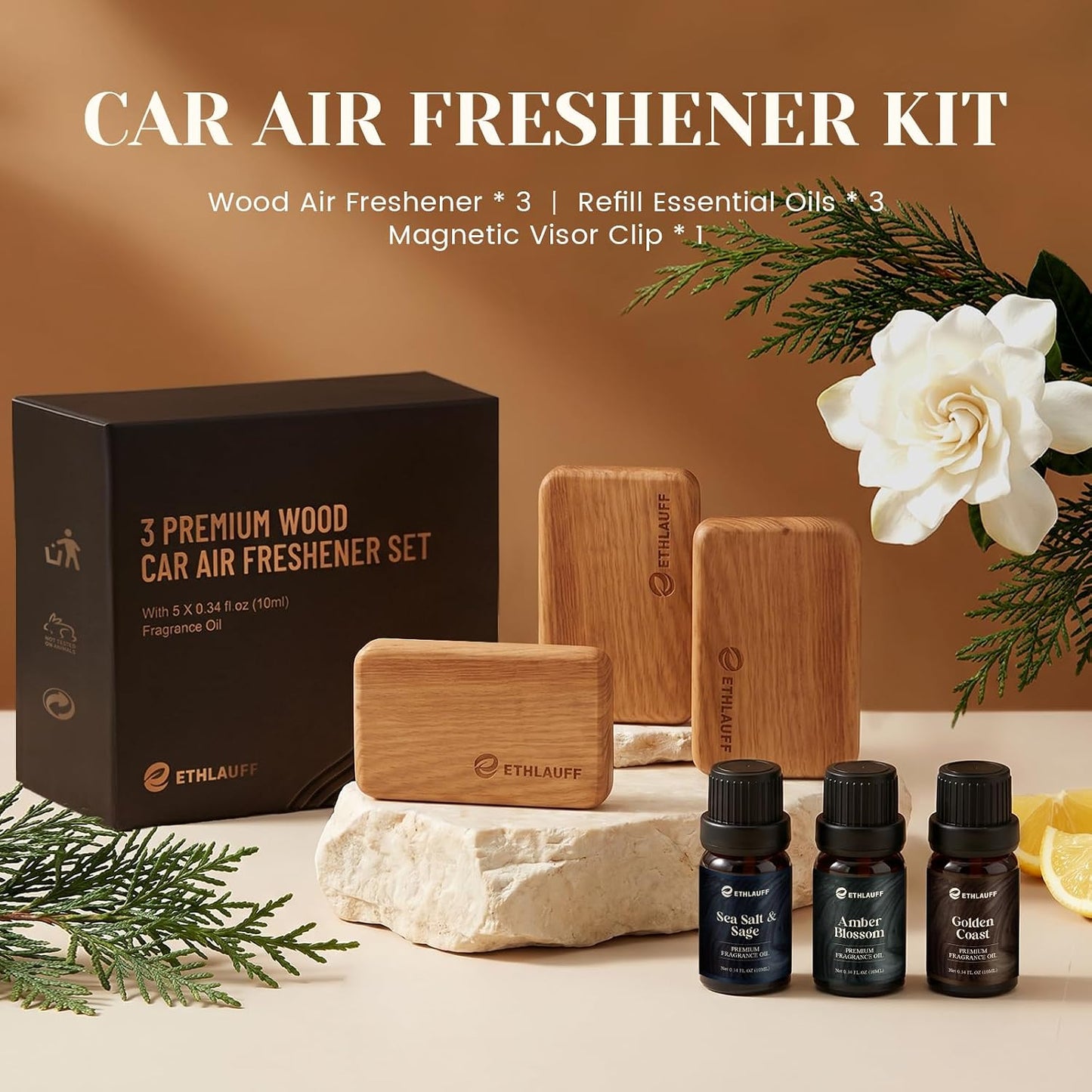 Car Air Freshener - Wood Air Freshener-Amber Blossom, Golden Coast,Sea Salt & Sage, Variety Scent Refill - Long Lasting Natural Car Fresheners - 1 Metal Clip & 3 Refill Oil Included