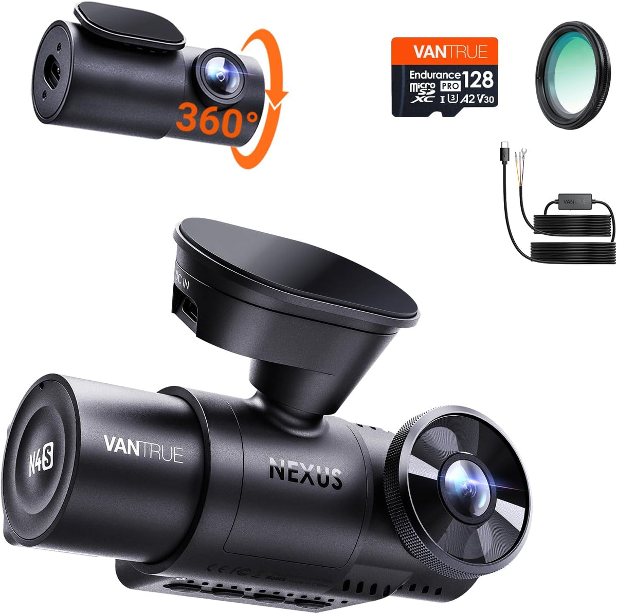 【N4S Dash Cam & 128GB SD Card & CPL & Hardwire Kit】 STARVIS 2, PlatePix, 2.7K+1440P+1440 Front Inside Rear Dashcam, 24/7 Buffered Parking Mode, Support 1TB Max