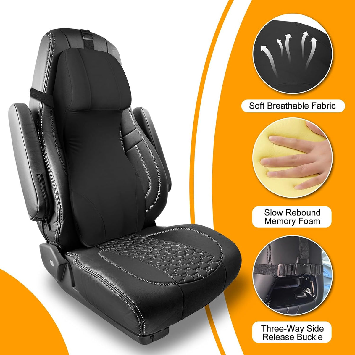 2-in-1 Car Lumbar Support with Headrest Pillow for Semi Truck Motorhome, Black