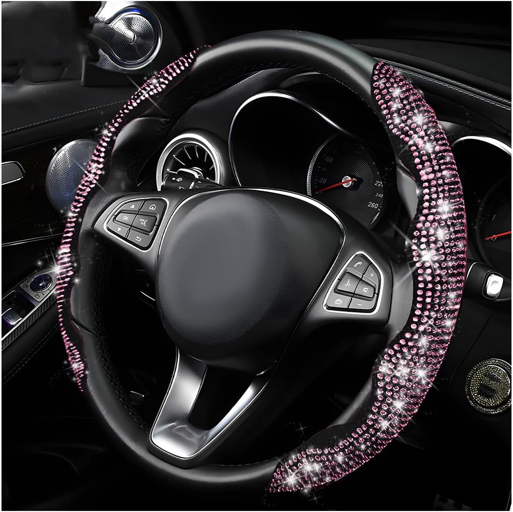 Yourkar 2 PCS Steering Wheel Cover, 15 Inches Crystal Diamond Bling Cover for Auto Steering Wheels, Safety Non-Slip Universal Fit Sparkly Steering Wheel Cover, Car Accessories (Pink)