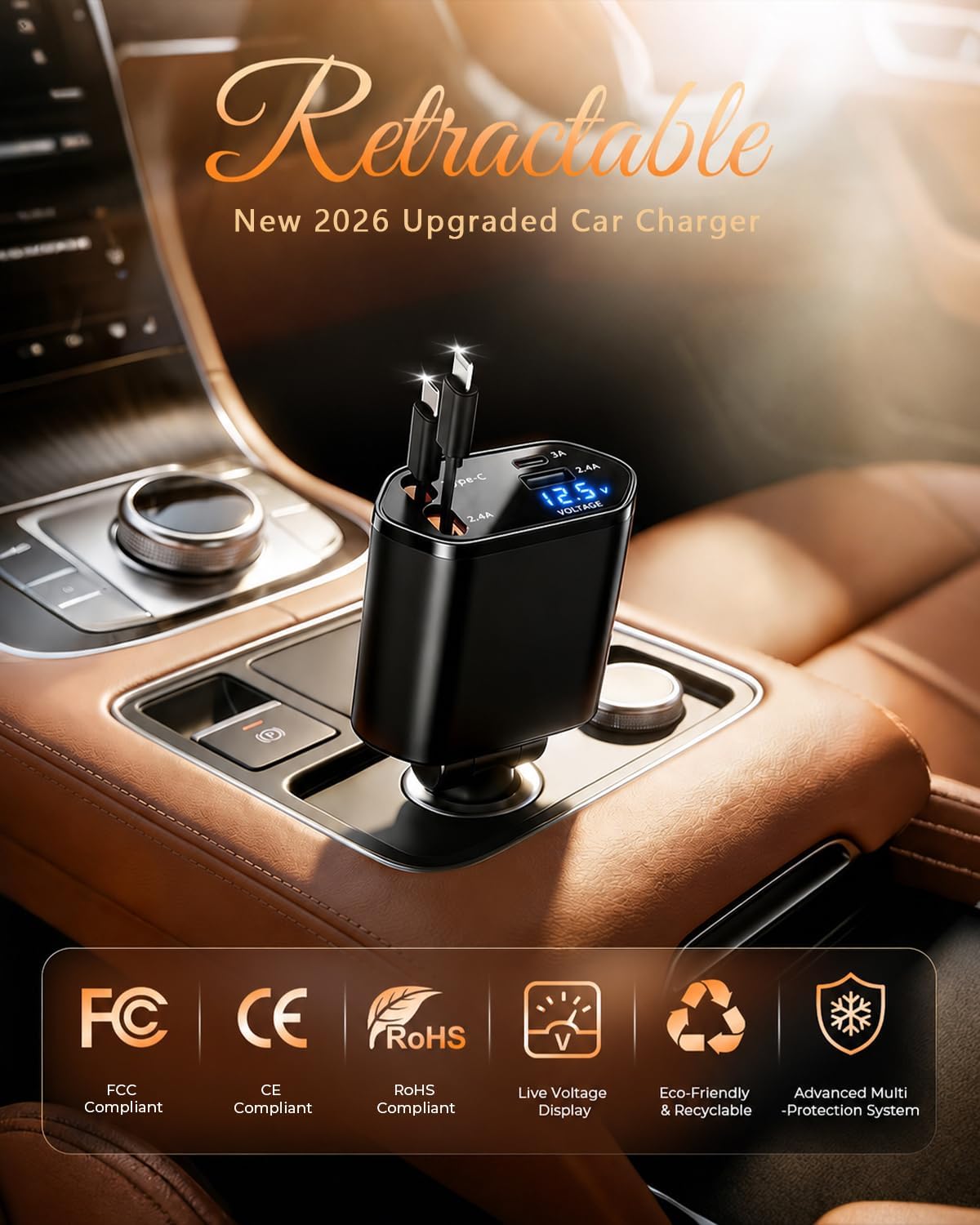 4 in 1 Retractable Car Charger, USB C Fast Charging Adapter, Black
