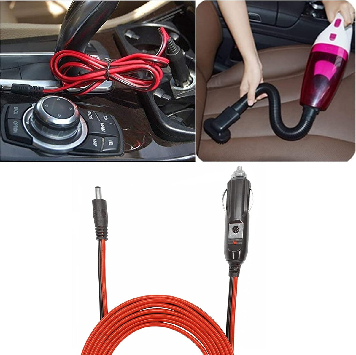 DC 5.5 x 2.1mm Connector Car Charger Power Supply Cord 10ft - 12v 24v Cigarette Lighter Male Plug with LED Light 16AWG Wire 15A Fuse for Portable DVD Player, Car, Camera