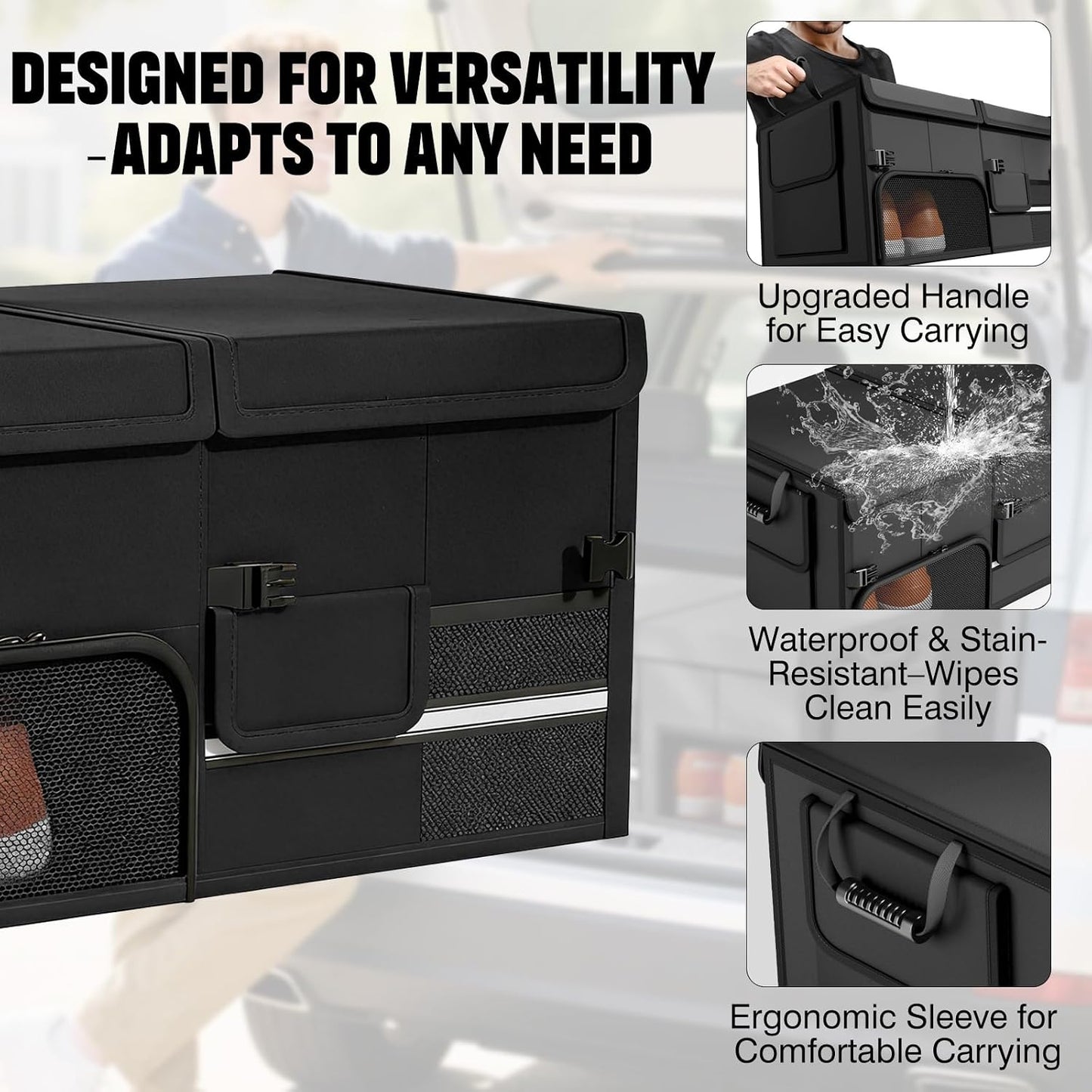 Foldable Car Trunk Organizer with Multi-Compartment – Expandable 30-60L Storage Bin, Side Mesh Pockets, Waterproof 600D Oxford Cloth, Car Accessories for SUV/Truck/Sedan, Black, 23.6"x13.0"x11.8"