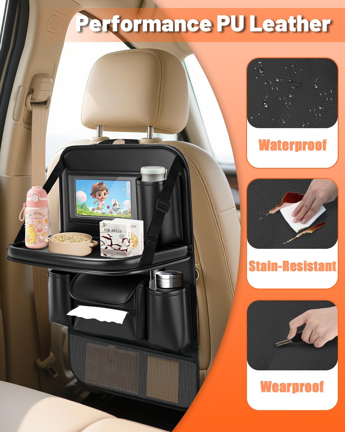 2 Pack Leather Car Backseat Organizer with Foldable Table Tray, Garbage Bag Hook, Protector Kick Mats for Kids, 8 Large-Capacity Pocket, Universal Car Seat Protector for Kids, Pets & Travel