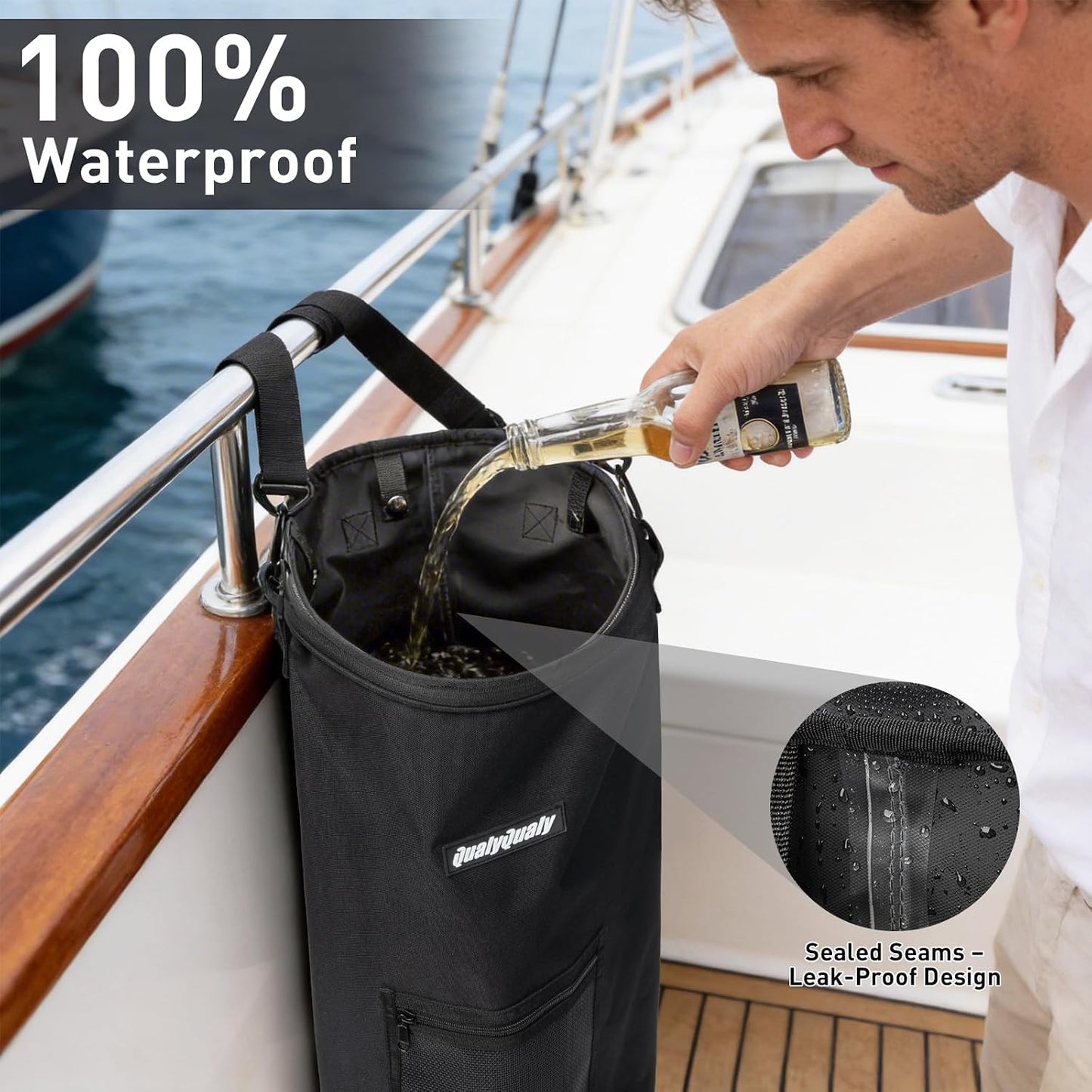 QualyQualy Portable Boat Trash Can, 100% Leak-Proof & Odor-Control Lid, 900D Marine Garbage Bag, Reusable 13 Gal Trash Bag with Snaps, Collapsible for Fishing Pontoon Boat Accessories, Kayak, RV