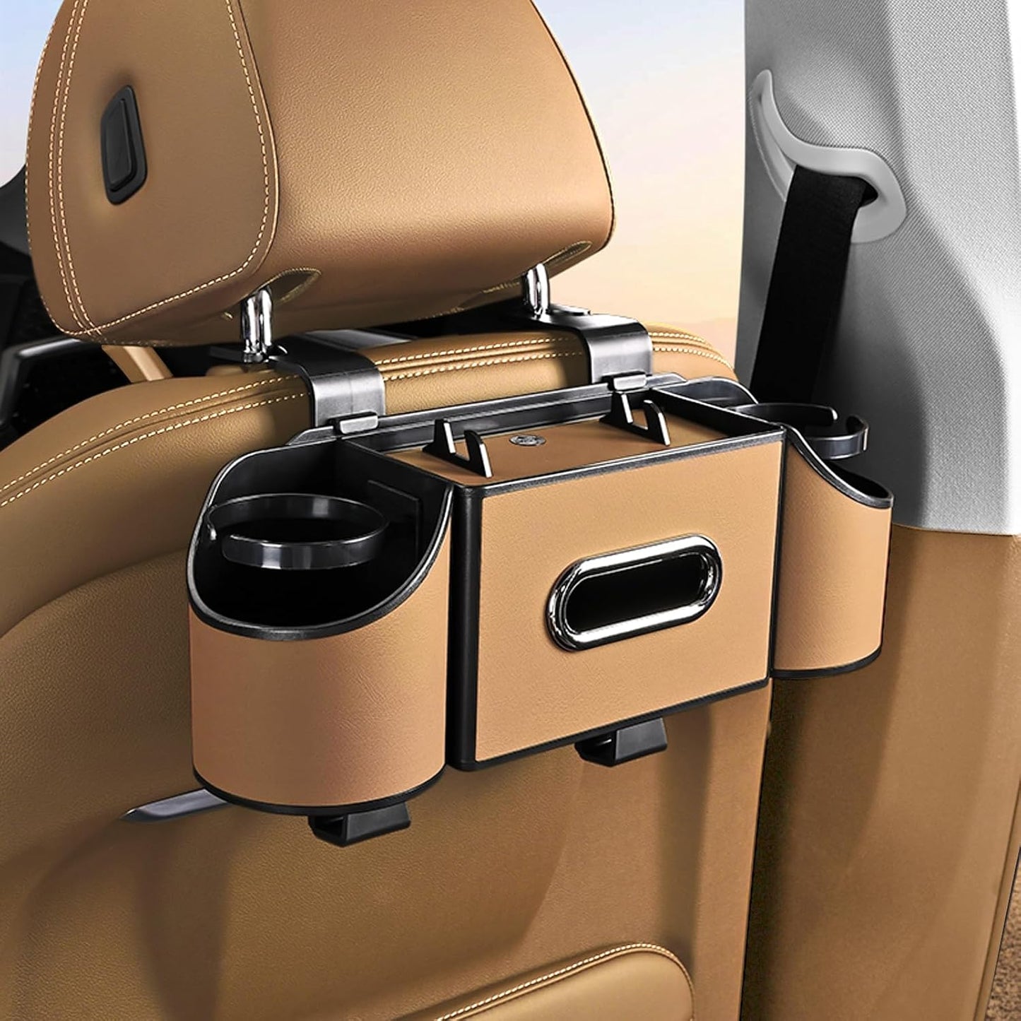 Back Seat Car Organizer,4 in 1 Multifunctional Car Back Seat Storage Box with Drink Cup Holder Tissue Box, for Hold Phone,Snacks, Drinks, Handbag