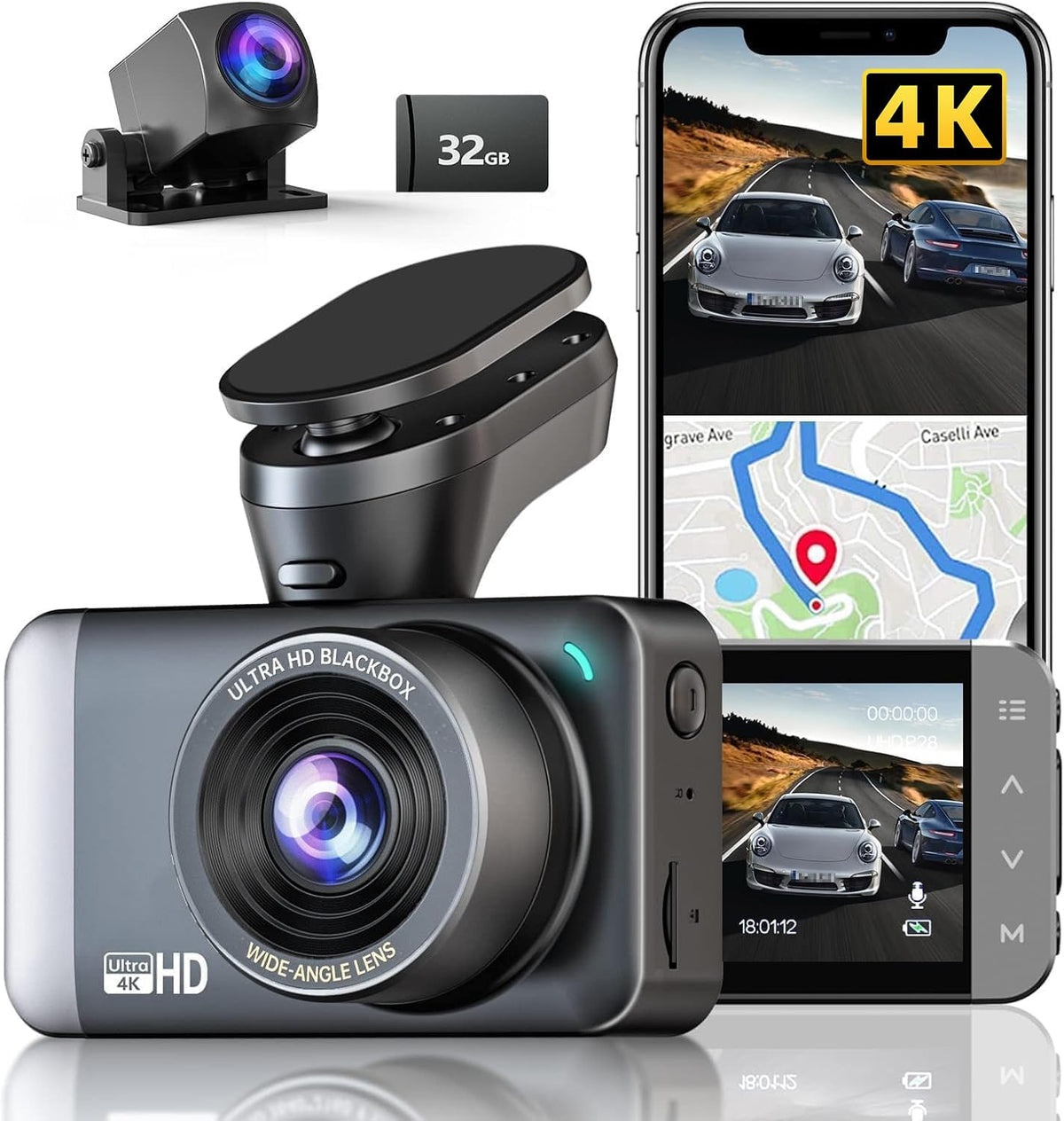 JOMISE Dash Cam Front and Rear 4K+1080P, 3" LCD, Starvis Sensor, Built-in GPS, WDR, Night Vision, Dash Camera for Cars with WiFi, Parking Mode, 32GB Card, Reliable Dashcam for Safety Recording