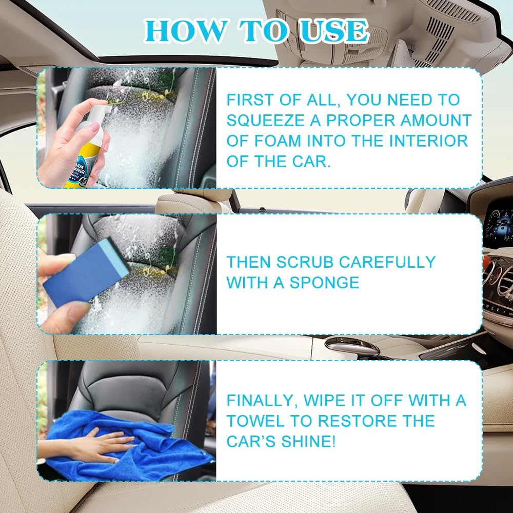 KUIRUNRX® Foam Cleaning Spray, Car Interior Cleaner, Car Seat Cleaner, All Purpose Wipe Away Cleaning Spray for Upholstery Dashboard, with Sponge &amp; Cloth (150ml)