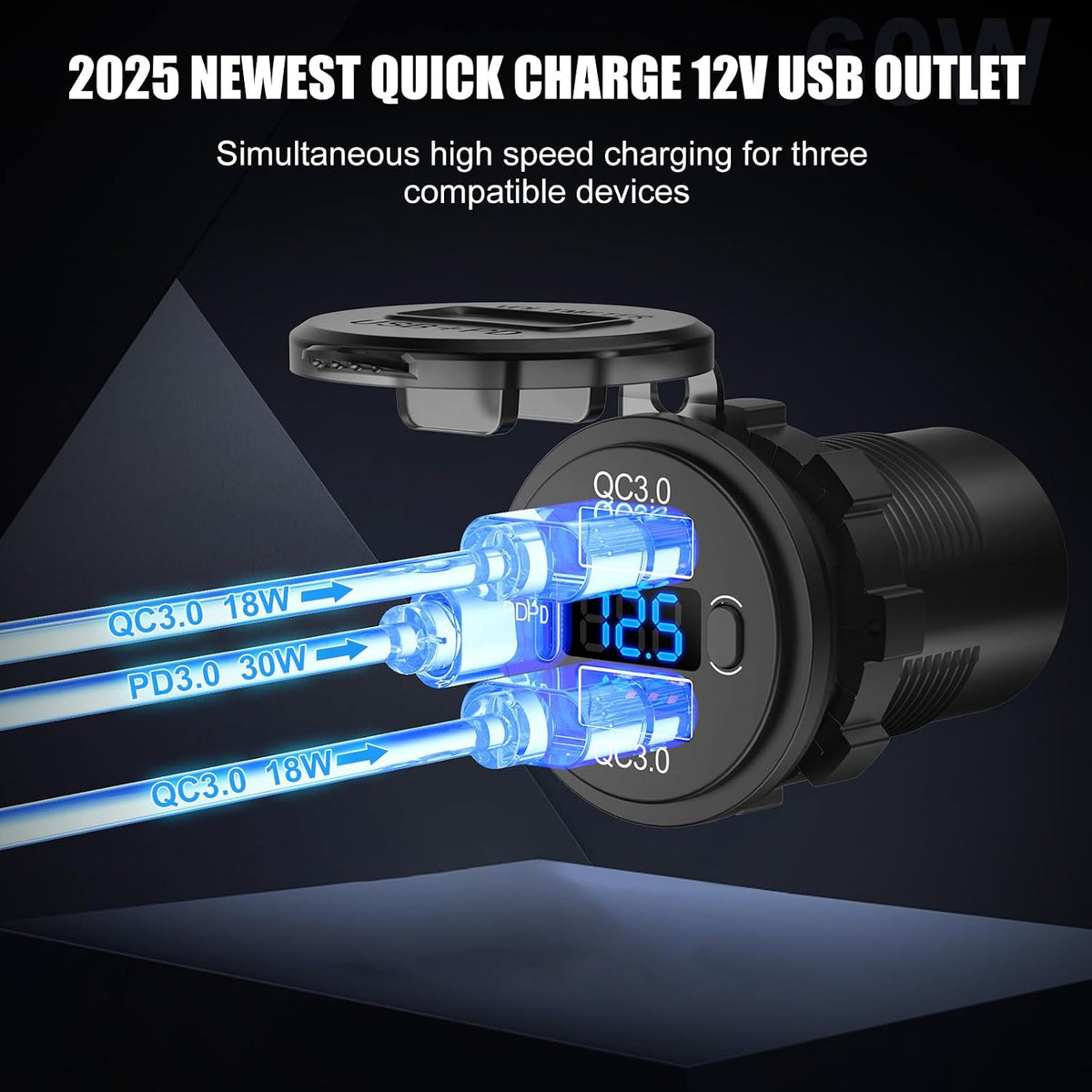 12V USB C Outlet Marine USB Charging Port for Car, Dual Quick Charge 3.0 & PD 3.0 Car Charger Socket with Button Switch and Voltmeter, Cigarette Lighter Replacement DIY Kit for 12V/24V Vehicles