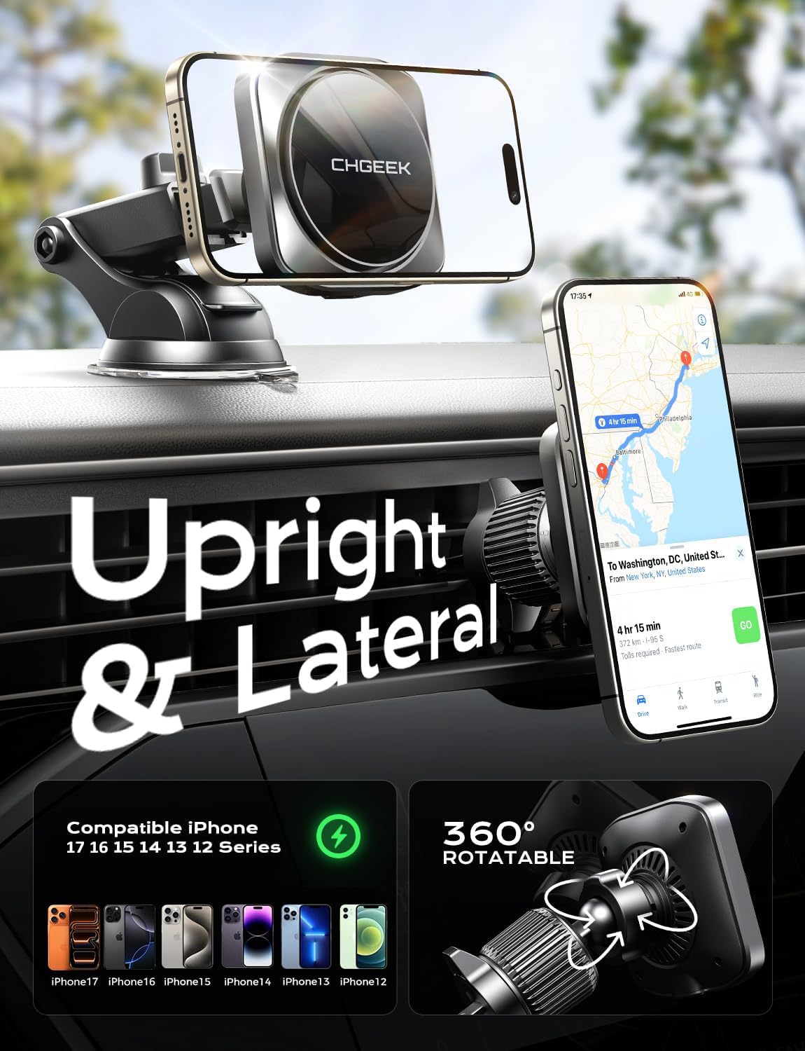 Chgeek for Magsafe Car Mount Charger, 15W Fast Charging Car Phone Holder