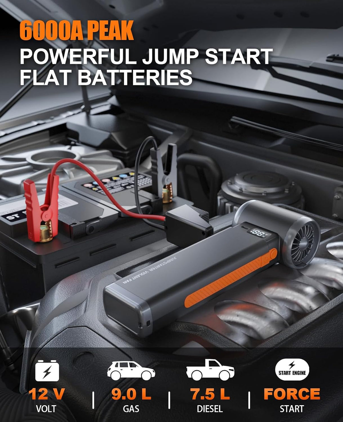 6000A Car Battery Jump Starter Portable Jumper Box Combo Compressed Air Duster & Vacuum Cleaner Function, 12V Battery Charger Booster Power Pack with Turbo Fan(Deep Gray)