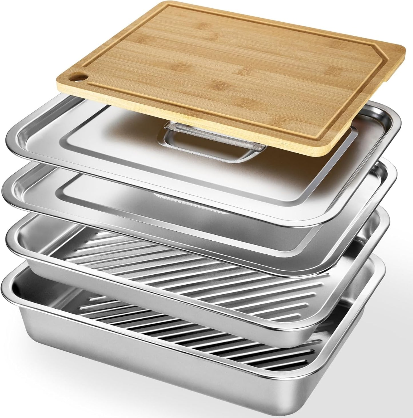 5-in-1 Grill Prep Tray and Carry System, Outdoor Grilling Prep & Serve BBQ Food Tray Accessories, Stainless Steel Meat Marinating Container with Lid & Cutting Board, Metal Cooked Meat Platter