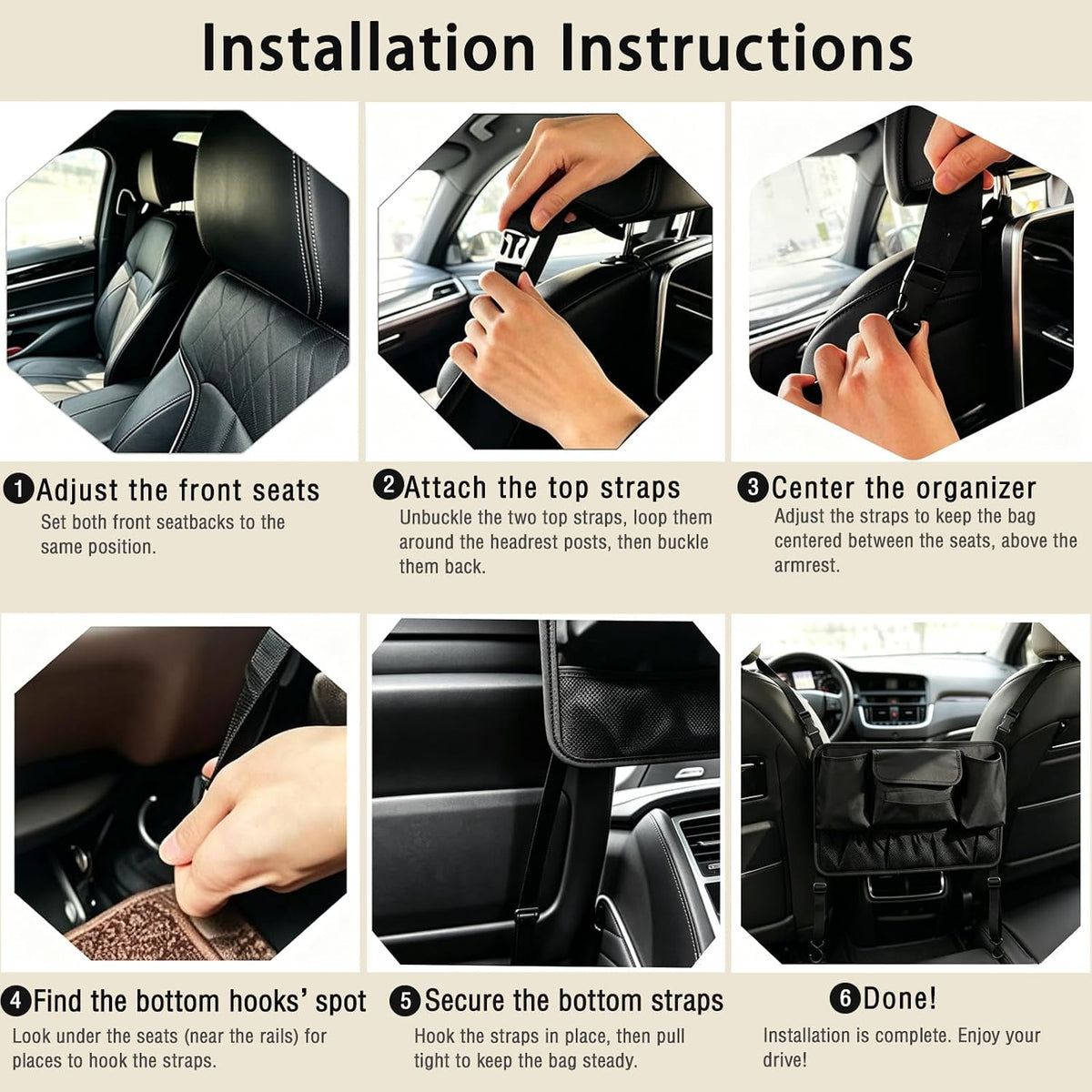 Car Purse Holder Between Seats, PU Leather Mesh Organizer with Cup Holder