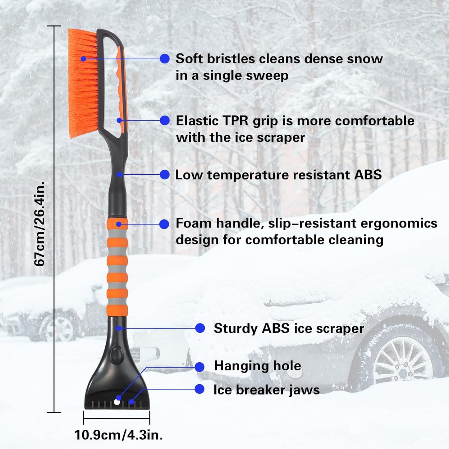 Snow Brush and Ice Scraper for Car Windshield,26.4" Window Scraper Deicer for Car SUV and Truck,Ice Scrapers and Brushes 2 in 1,Winter Car Automotive Exterior Accessories(1Pack Orange)