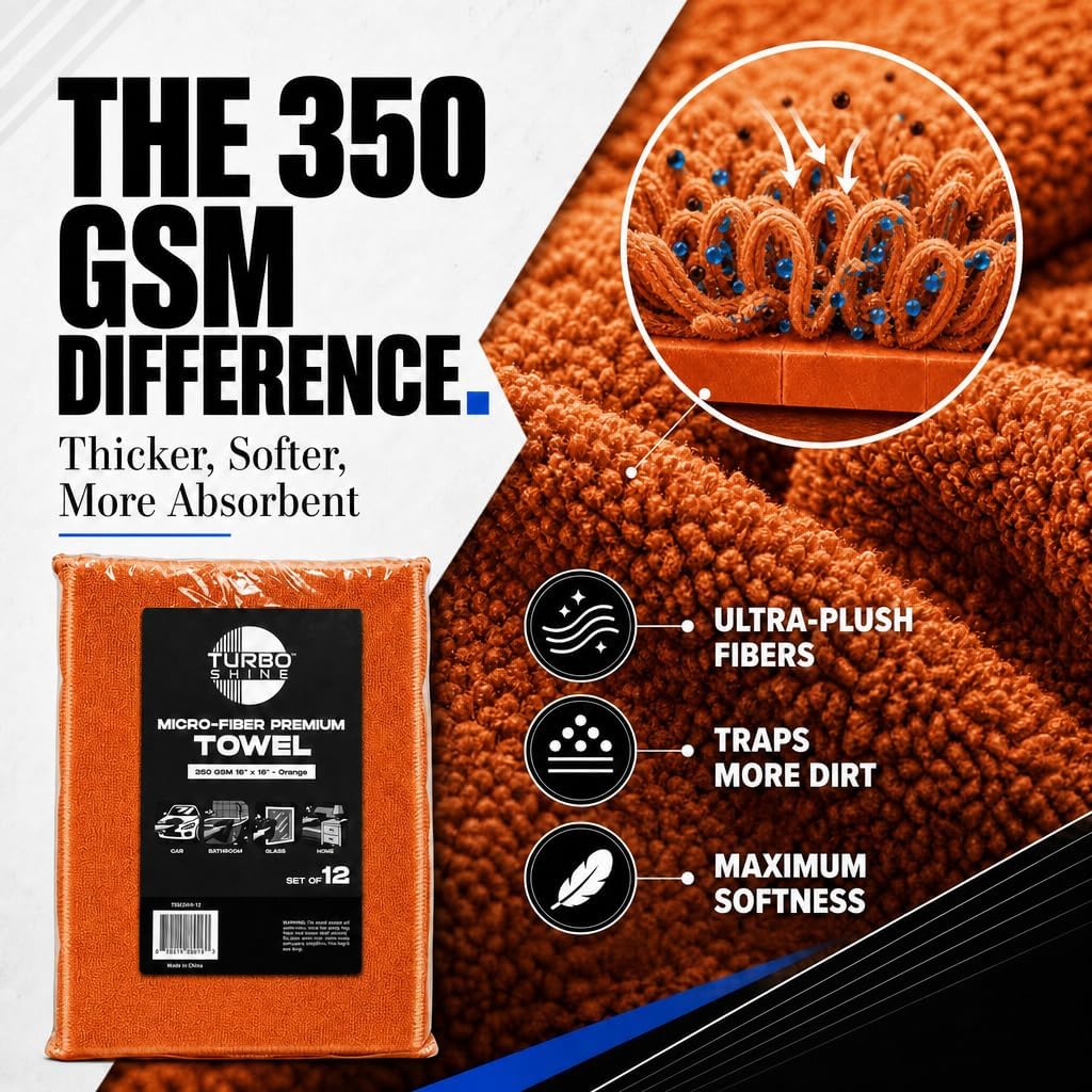 Premium Microfiber Cleaning Towels, 350 GSM, 16x16 Inch, 12 Pack, for Car, Glass, Bathroom and Home (Orange, 16" x 16")