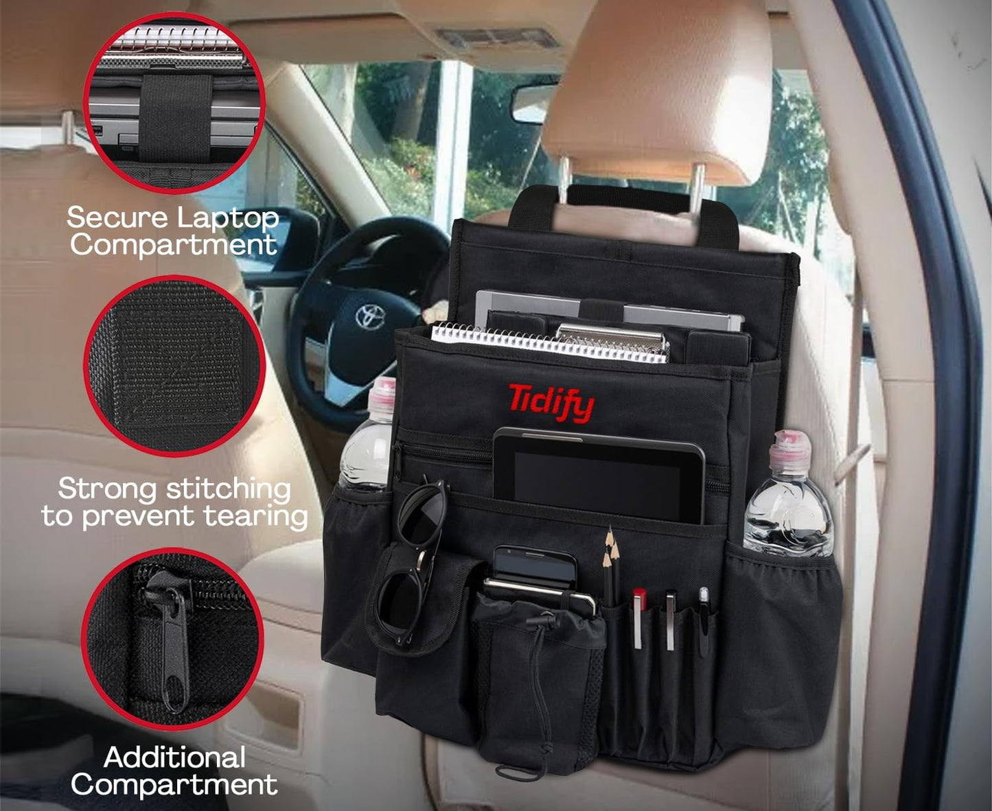 Tidify Back Seat Car Organizer with Dedicated Tablet and Laptop Storage Stabilizing Side Straps Soft Adjustable Shoulder Strap and Hardened Buckles Your Office Away from Office