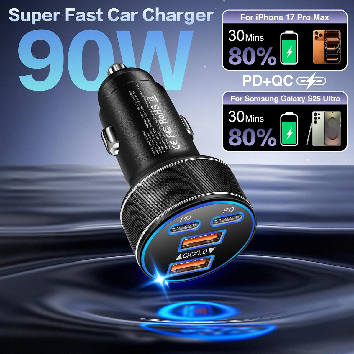 USB C Car Charger, Multi Port 90W Fast Charging Cigarette Lighter Adapter
