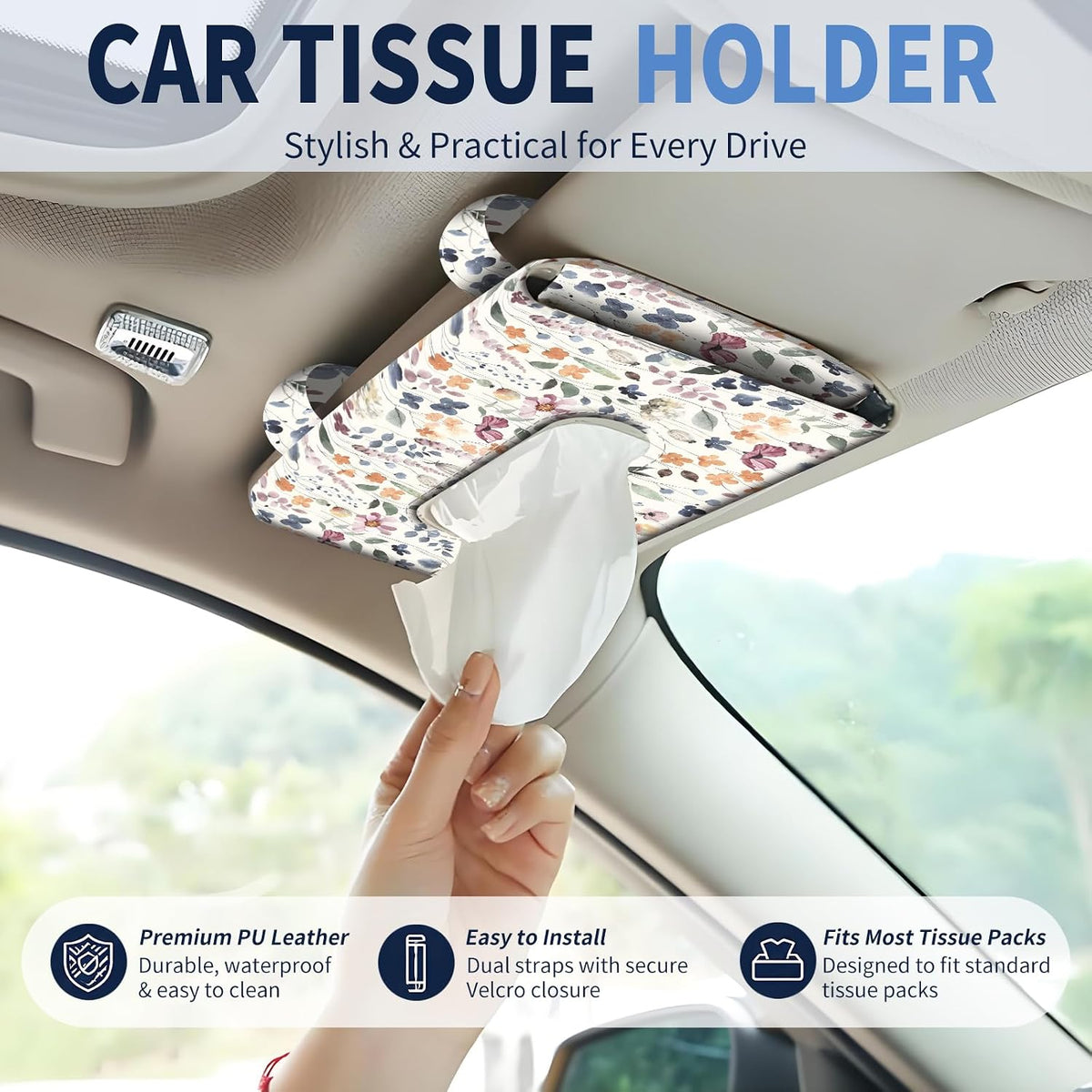 Car Tissue Holder, Cute Sun Visor Napkin Holder Backseat Tissue Case, PU Leather Tissue Box, Funny Car Accessories for Women Men Watercolor Boho Leaf