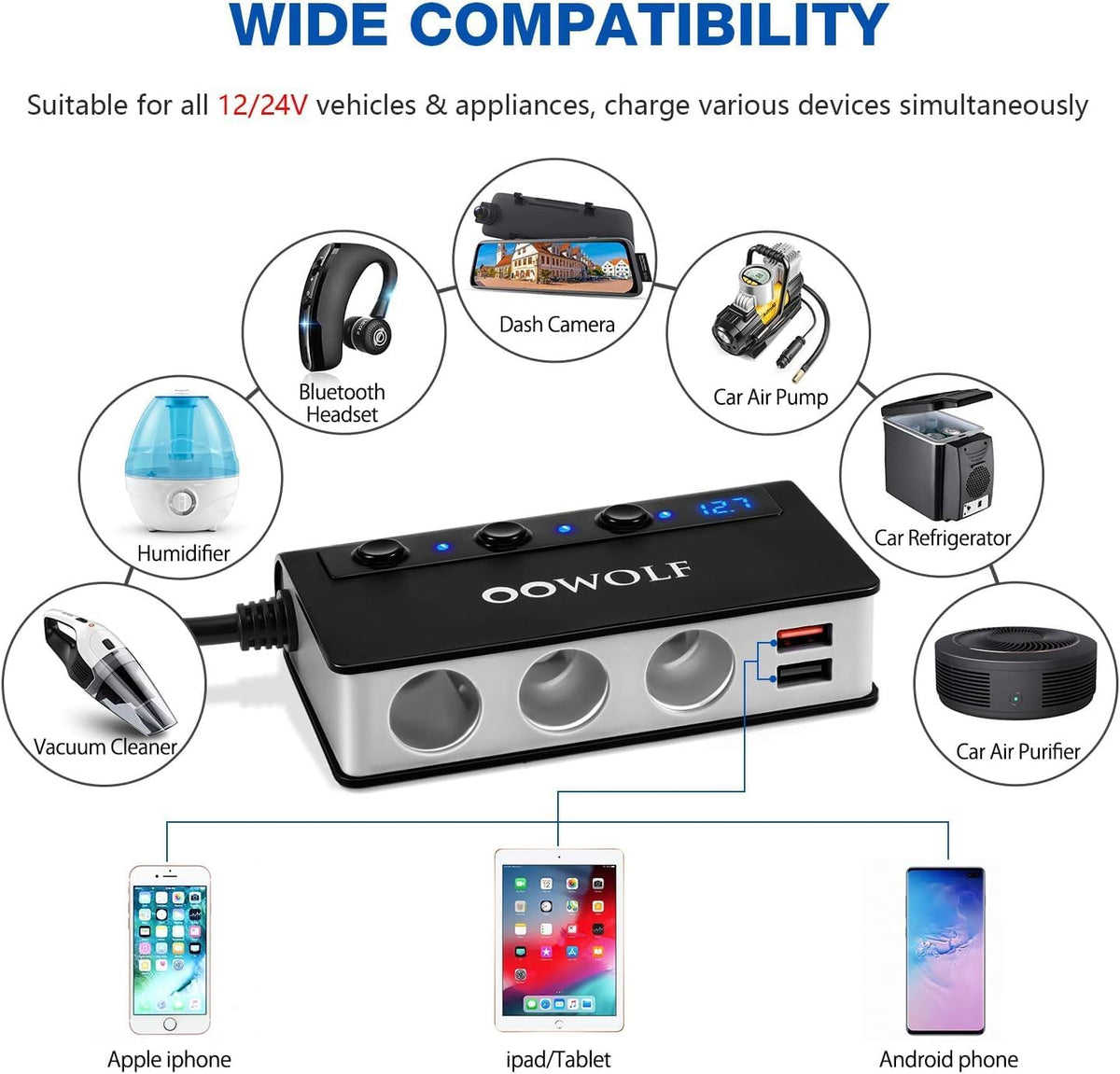 OOWOLF 7 in 1 Cigarette Lighter Splitter, 180W Quick Charge 3.0 12V/24V 3-Socket Car Charger Adapter, 4 USB Ports Car Power Adapter Car Splitter, Independent Switches, LED Voltmeter, 2.3FT Cable