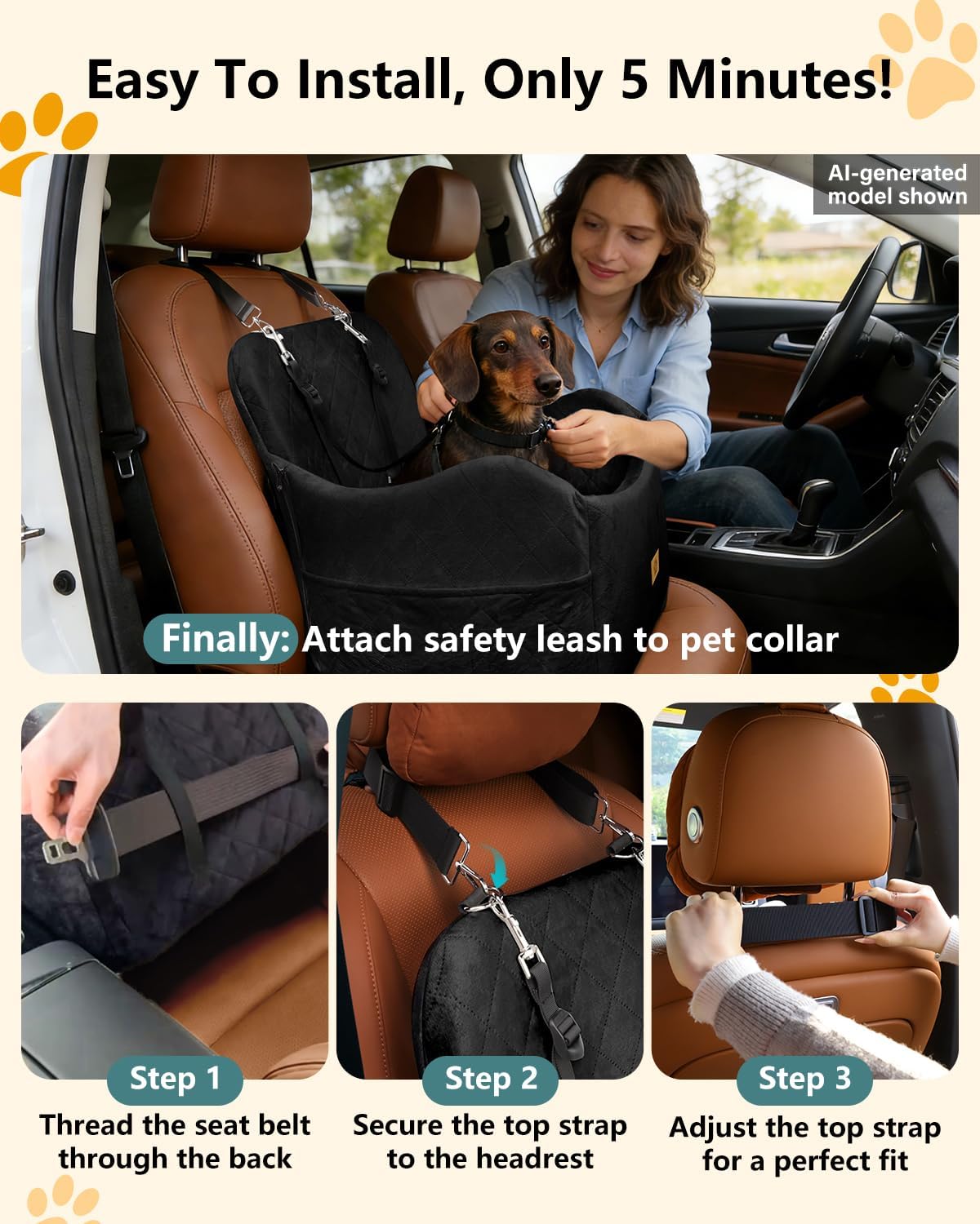 Dog Car Seat for Small/Medium Dogs Up to 35 lbs, 2-in-1 Pet Car Seat with Memory Foam, Machine Washable Dog Bed for Cars, Non-Slip Pet Booster Carseat with Safety Leashes, Storage Pockets (Black)