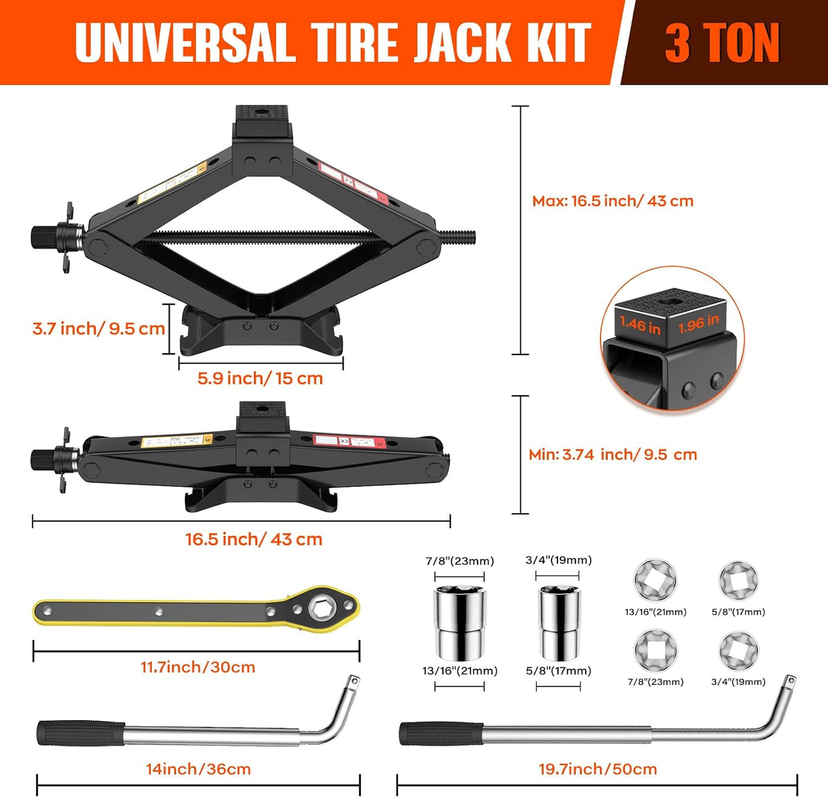 Scissor Jack 3 Ton Universal, Portable Car Lift Jack 3 Ton with Lug Wrench, Heavy Duty Tire Changing Kit, Emergency Car Jack Kit for Car SUV ATV