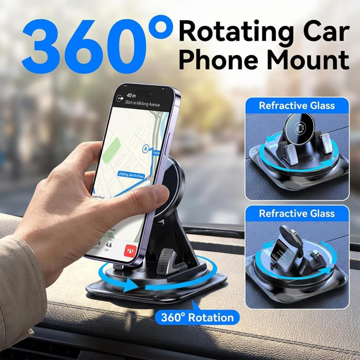 2026 360° Rotatable Car Phone Mount - Adjustable Dashboard Phone Holder, Universal Navigation Stand for Smartphone, Car Interior Accessory (1PC)