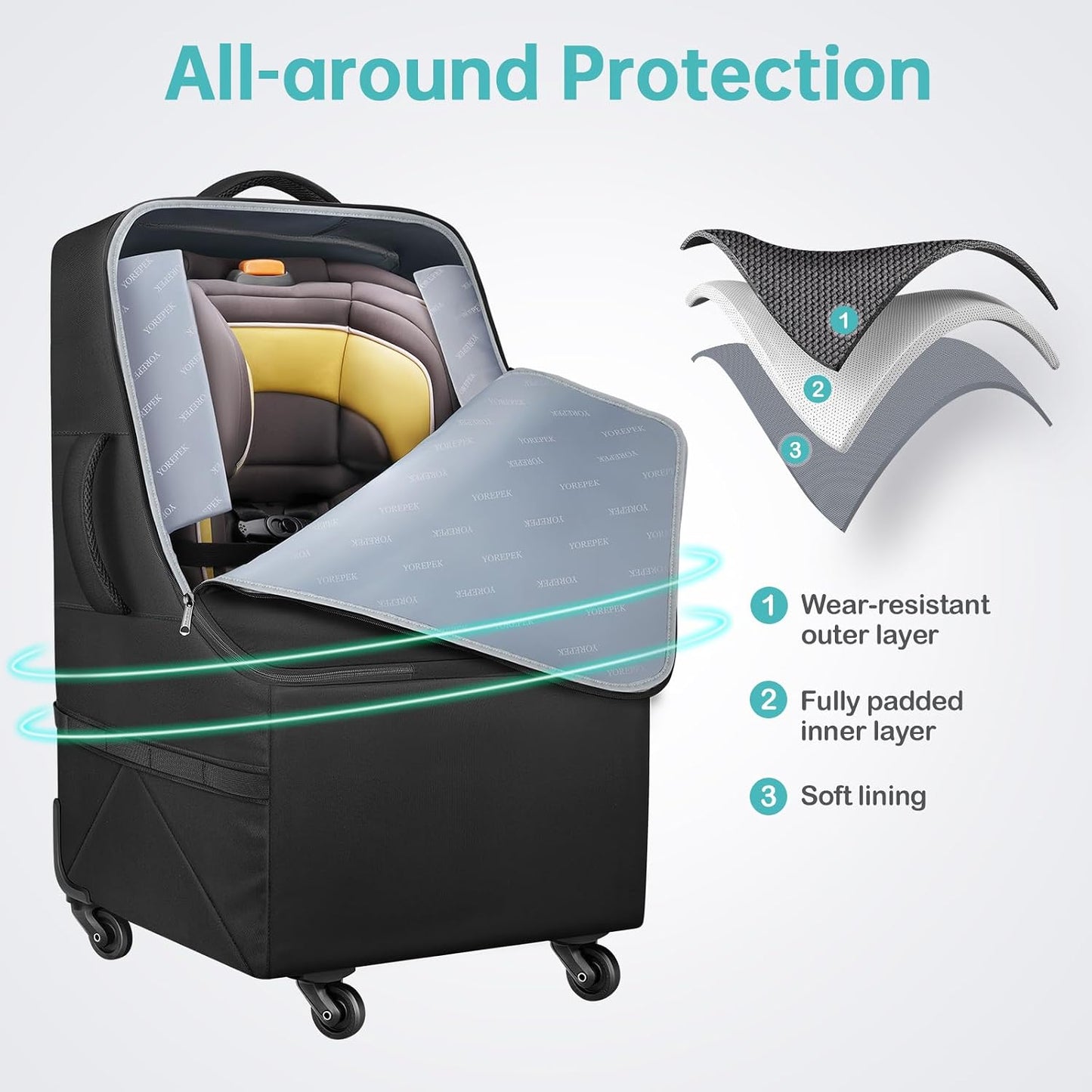 YOREPEK Padded Car Seat Travel Bag for Airplane with Wheels | 4 Spinner Wheels & Stable Base, Shoulder Straps, Extra Pocket for Baby Travel Essentials, Car Seat Carrier for Airport
