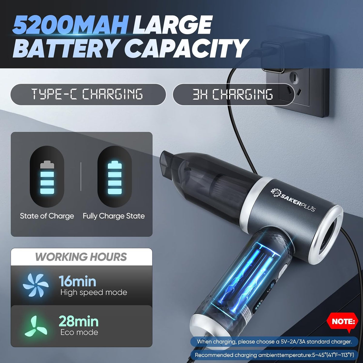 SakerPlus Mini Vacuum Cleaner, 3 in 1 Cordless Handheld Vacuum Cleaner, 13000Pa High Power Car Vacuum Cleaner with Brushless Motor,Adjustable Car Vaccum Portable Cordless for Cars,Desktop-DBS03