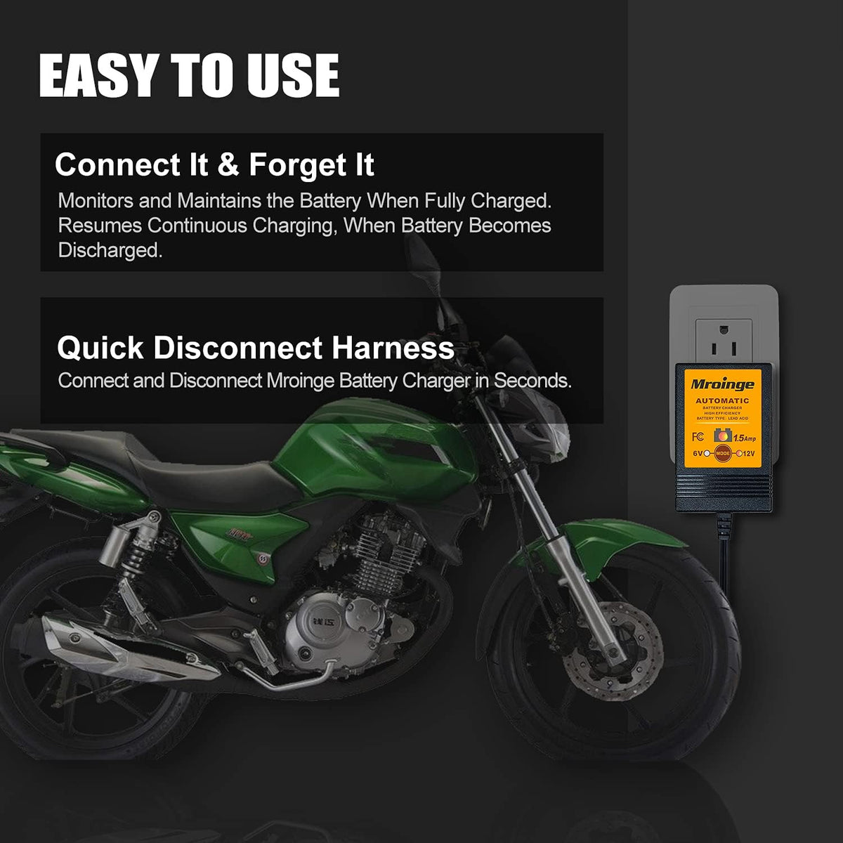 Smart Battery Charger, Mroinge 1.5A 6/12V Fully Automatic Trickle Charger/Maintainer for Motorcycle, ATV, Lawnmowers and More