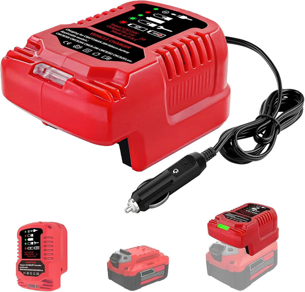 Car Charger for Craftsman 20V Battery, Vehicle Replace Charger for Craftsman V20 Batteries CMCB204 CMCB202 CMCB201 CMCB209 CMCB205, LED Indicator, Compact Design