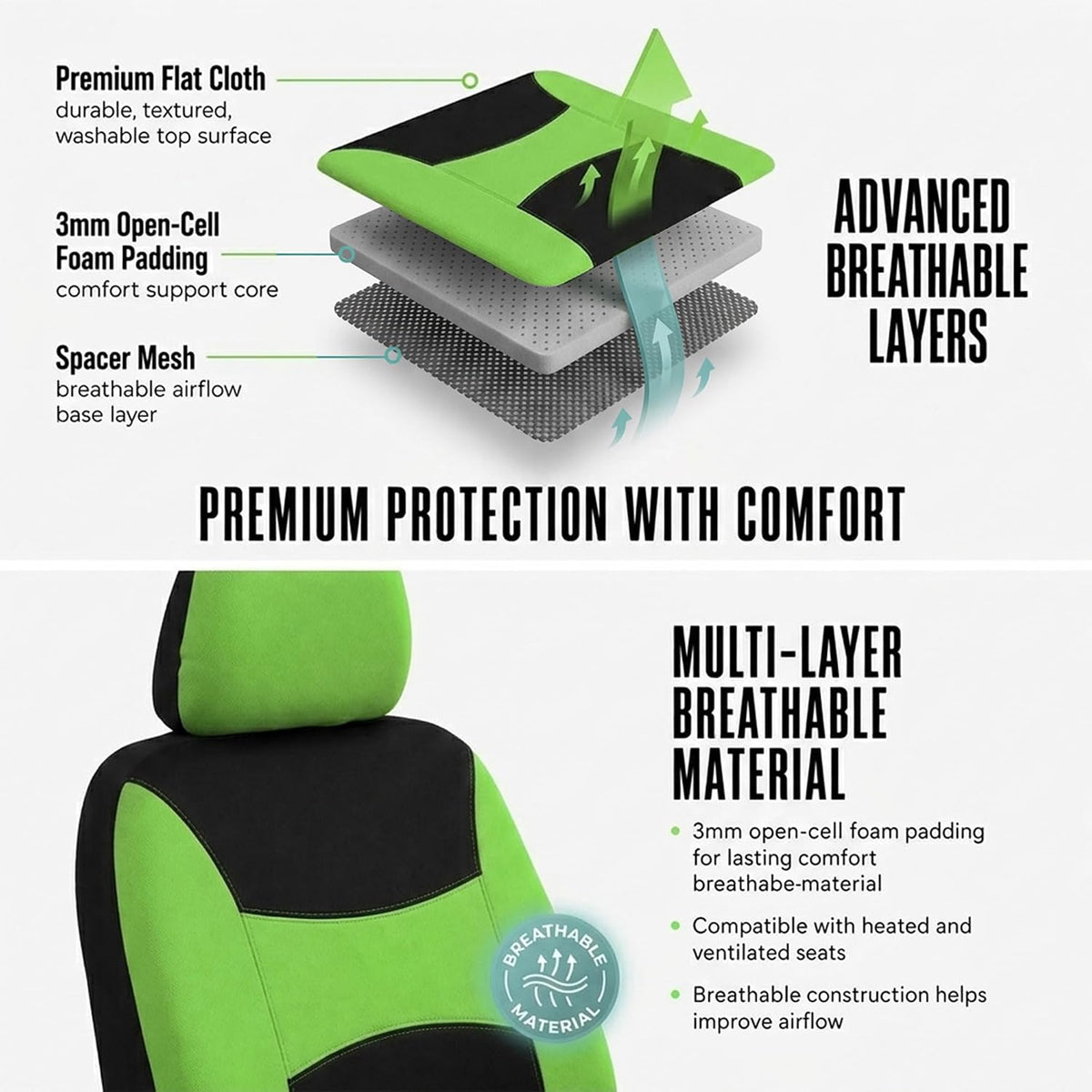 Automotive Seat Covers Green Universal Fit Combo Set with Steering Wheel Cover and Seat Belt Pad fits most Cars, SUVs, and Trucks (Airbag Compatible and Split Bench) FH Group FB030GREEN-COMBO