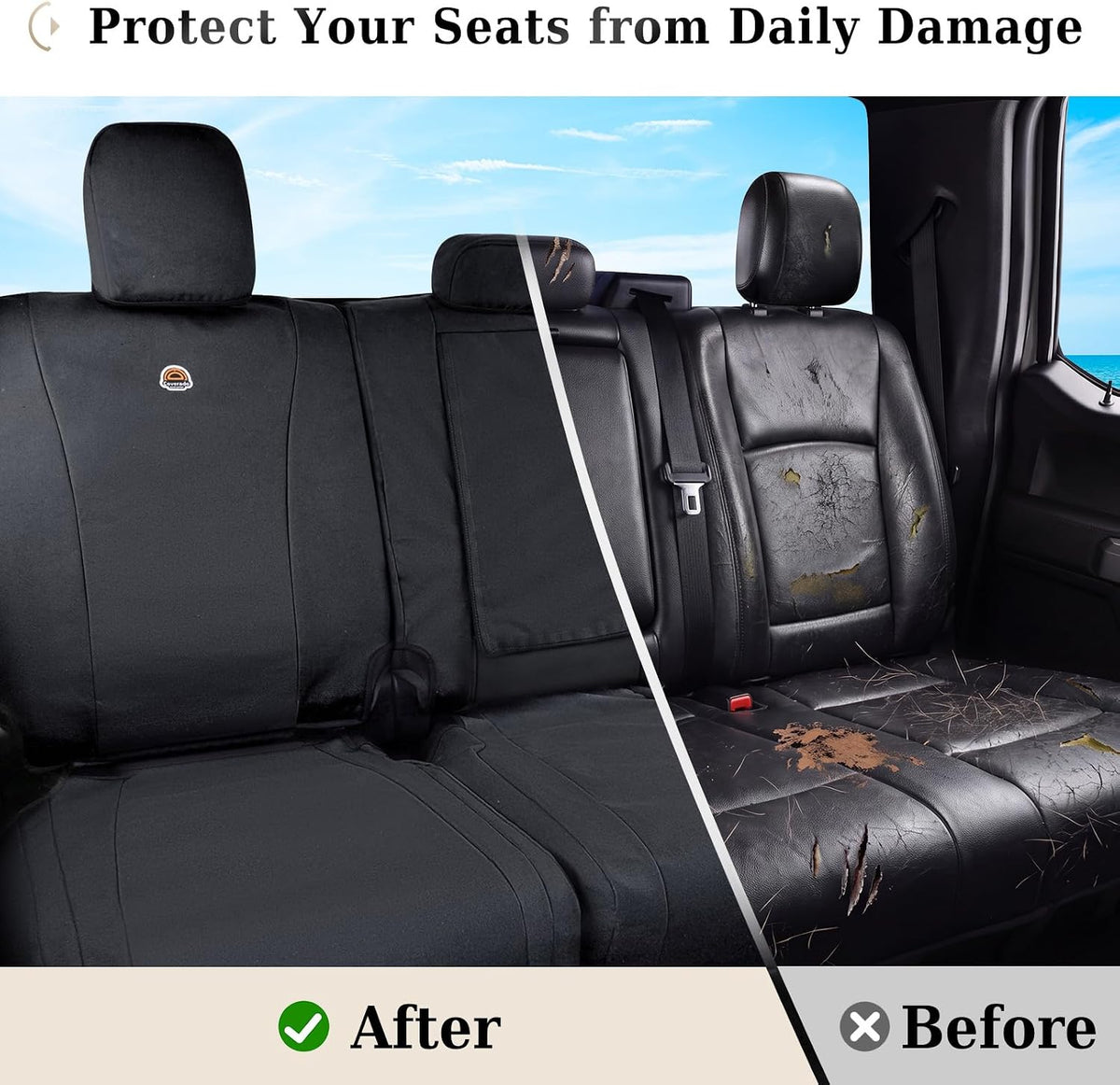 Coverado Rear Car Seat Covers, Waterproof Canvas Seat Protector for Car Seat Cushions for Kids & Dogs, Seat Covers Compatible with 2015-2026 Ford F150 & 2017-2026 Ford F250 F350 F450(Black, 2PCS)