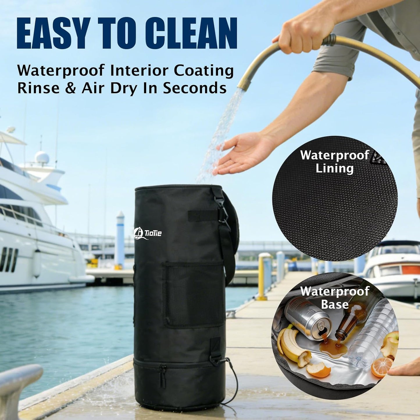 Boat Trash Can with 5.5in PVC Cross Opening, Large 26" Marine Garbage Bag for Pontoon, Fishing &amp; Kayak Boats, 1680D Waterproof/Windproof Boat Trash Bag with Storage Pockets (Black)
