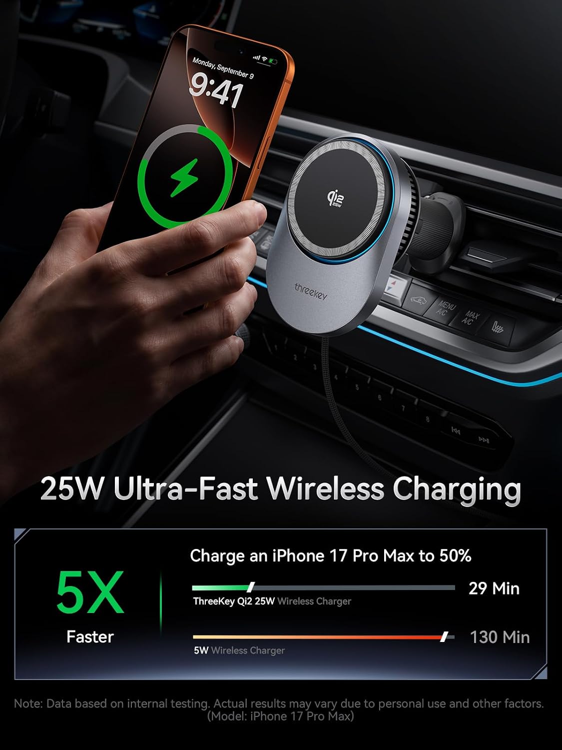 THREEKEY Magnetic Car Mount Charger Lite Qi2 25W Charging with TEC Cooling