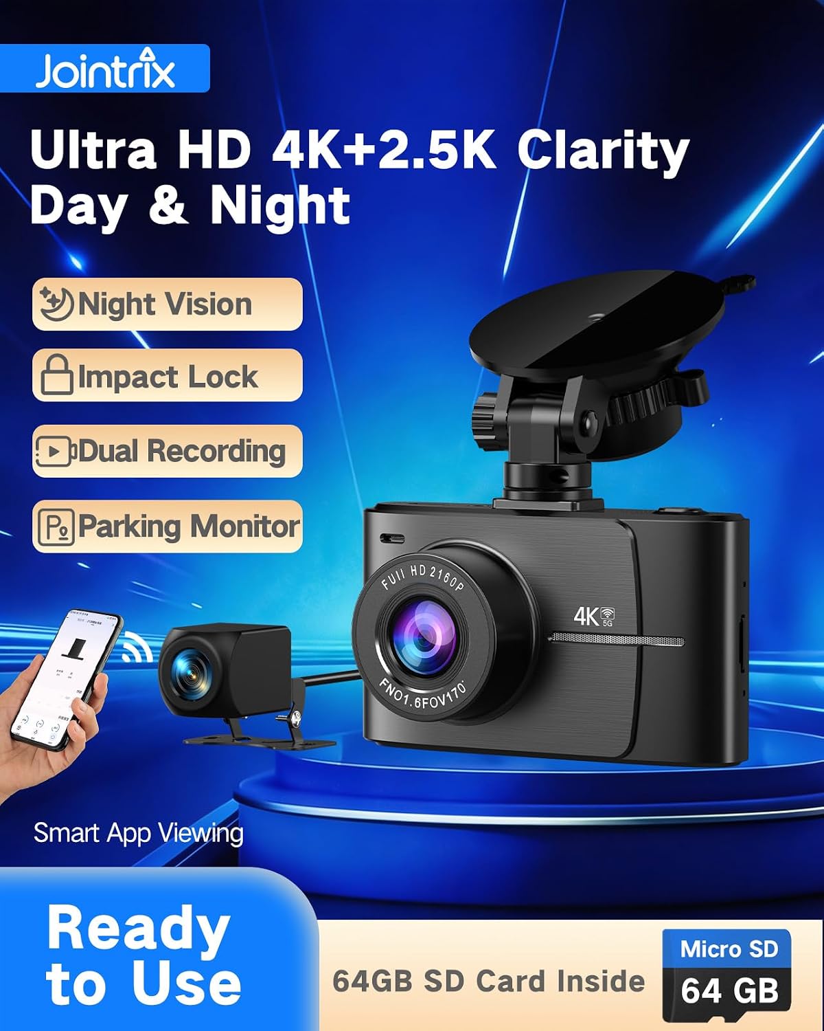 4K+2.5K Dual Dash Cam Front and Rear with 64GB Card