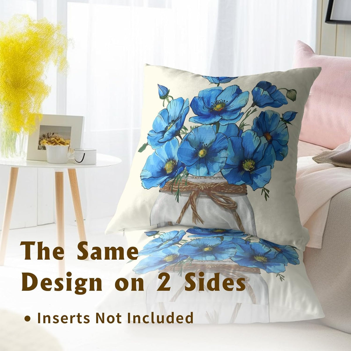 Blue Poppy Throw Pillow Covers 18x18 Inch Set of 2 Watercolor Summer Flower Mason Jar Decorative Pillow Cushion Cases for Sofa Couch Living Room Housewarming Party Decor