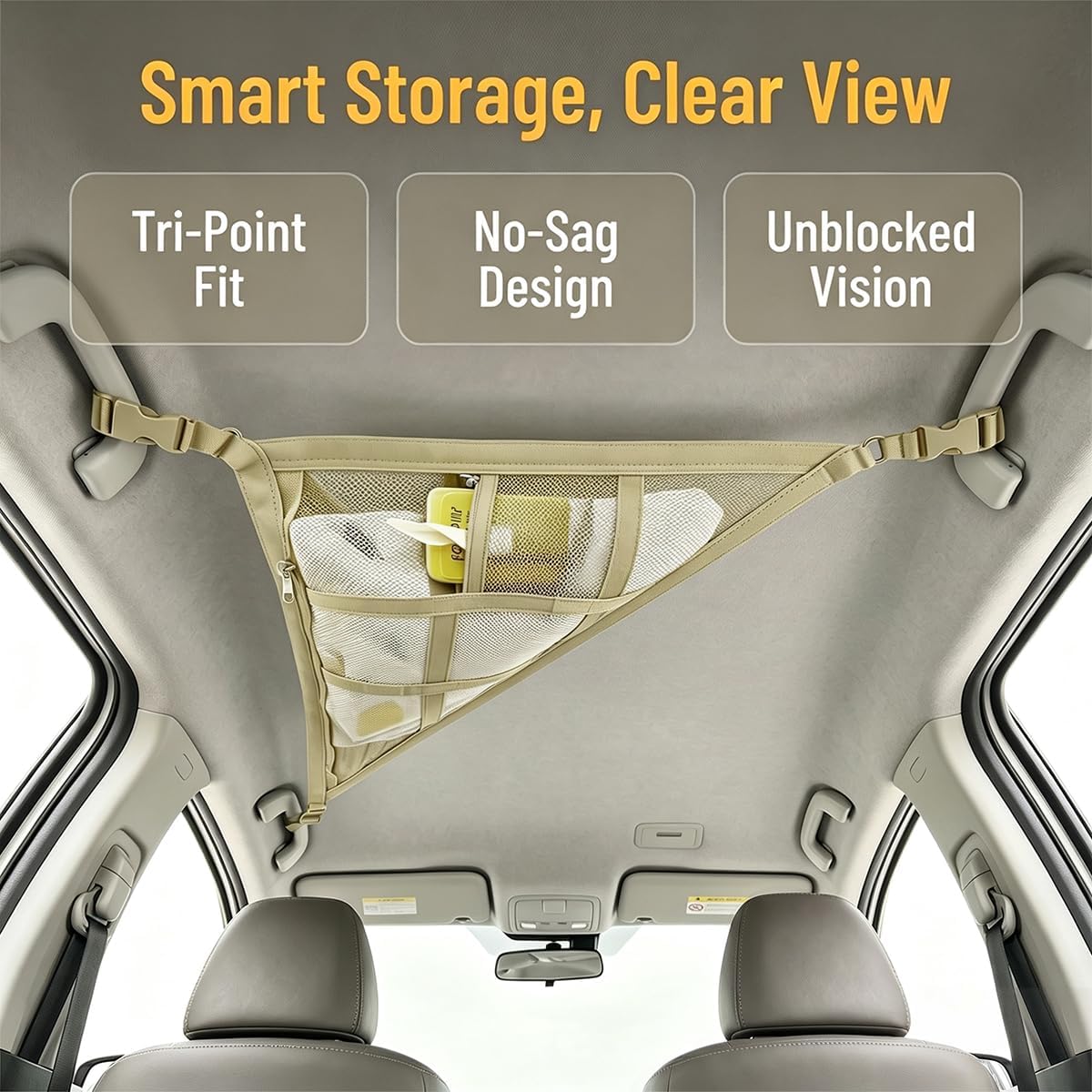Car Ceiling Cargo Net, 31.50 × 20.87 Inches, 3 & 4 Handle, Beige