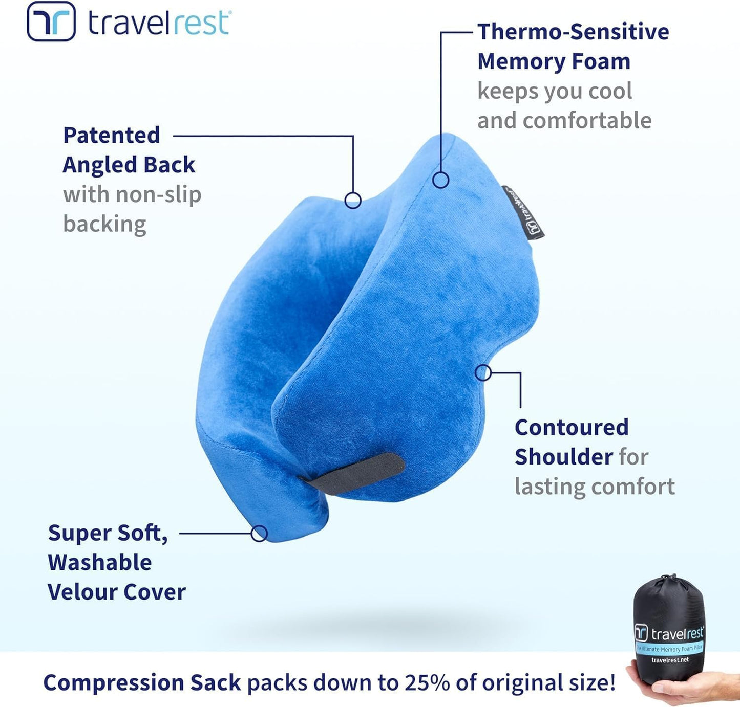 TRAVELREST Sleep Neck Pillow Travel - Travel Essentials, Memory Foam, Neck Support Pillow for Long Flight, Plane Sleeping Accessories, Anti-Slip and Comfortable, Washable, Attaches to Luggage - Blue