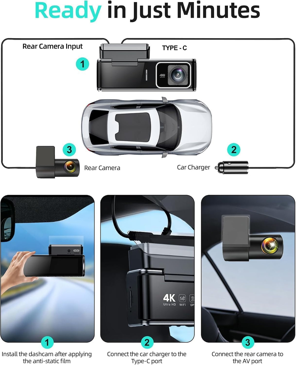 4K Dual Dash Cam Front and Rear - 5.8G WiFi GPS with 128GB SD Card