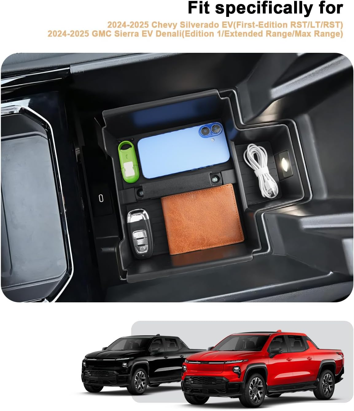ECOZEN Lower Center Console Organizer For 2024-2026 Chevy Silverado EV/2024-2026 GMC Sierra EV Accessories - Armrest Storage Box With Handle For Silverado EV WT & Sierra EV Denali - Not For ICE Trim