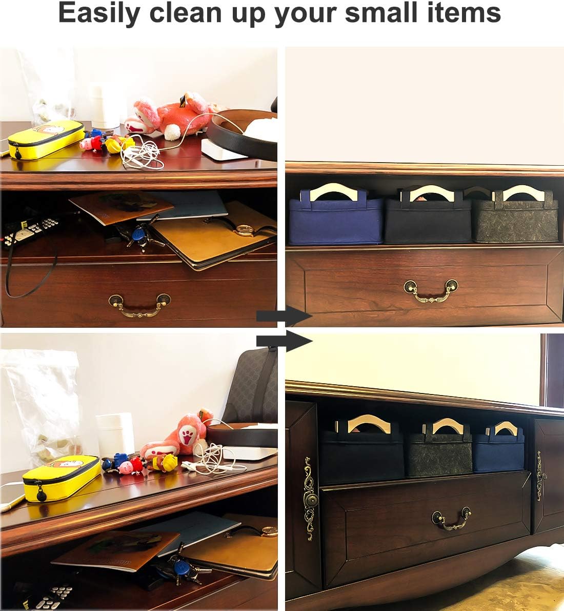 Small Storage Basket Soft Felt Collapsible Baskets Storage Bins for Cellphone Earphone Chargers Cables Make Up Shelf Fabric Drawers Storage Baskets Cute Storage Baskets Light Gray